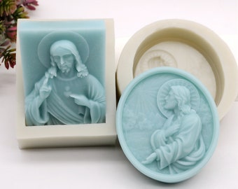 Molde de silicona para jabón con diseño de Jesús, herramienta para hacer jabón en barra, 2 estilos, círculo, rectángulo
