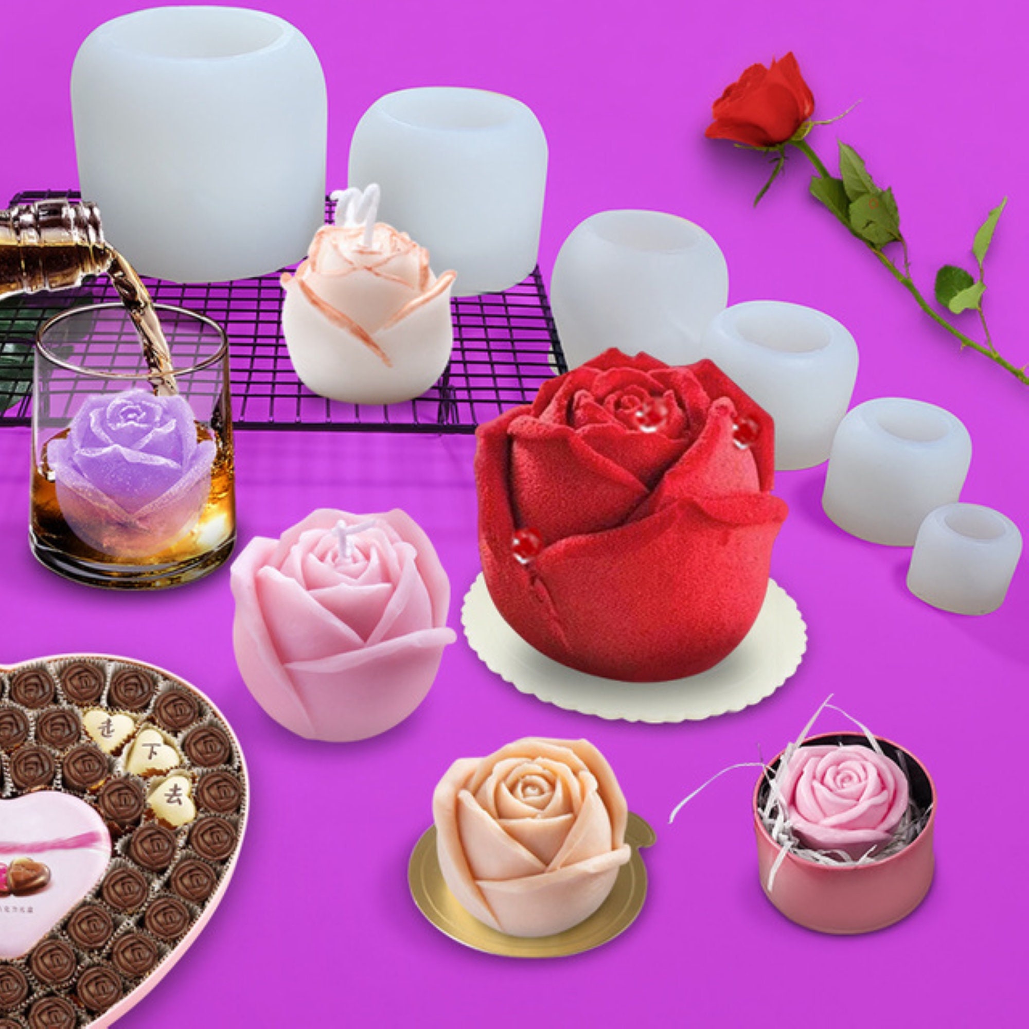 3D Rose Candle Silicone Mold Large Flower Silicone Chocolate Fondant Mould  For Mousse Cake Ice Cube Tray Soap Decorating Tools