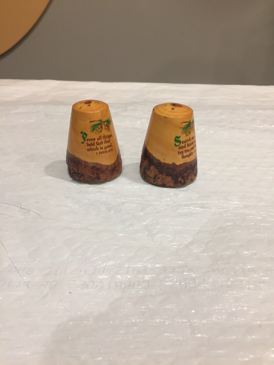 Salt and Pepper Shaker, Rusticpine Carved Wood , Gods Word , Solid