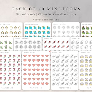Könnte beinhalten: Eine Sammlung von 20 Mini-Icon-Aufklebern mit verschiedenen Designs, darunter Social-Media-Logos, Standortmarkierungen und Herzen. Die Aufkleber sind auf weißen Hintergründen mit dem Text "PACK OF 20 MINI ICONS" angeordnet.