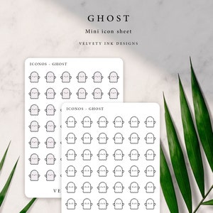 Może przedstawiać: Dwa arkusze mini naklejek z ikonami z motywami duchów. Każda naklejka to prosty kontur ducha z małą twarzą. Tekst "GHOST" i "Mini icon sheet" znajdują się na górze, a pod nimi "VELVETY INK DESIGNS".