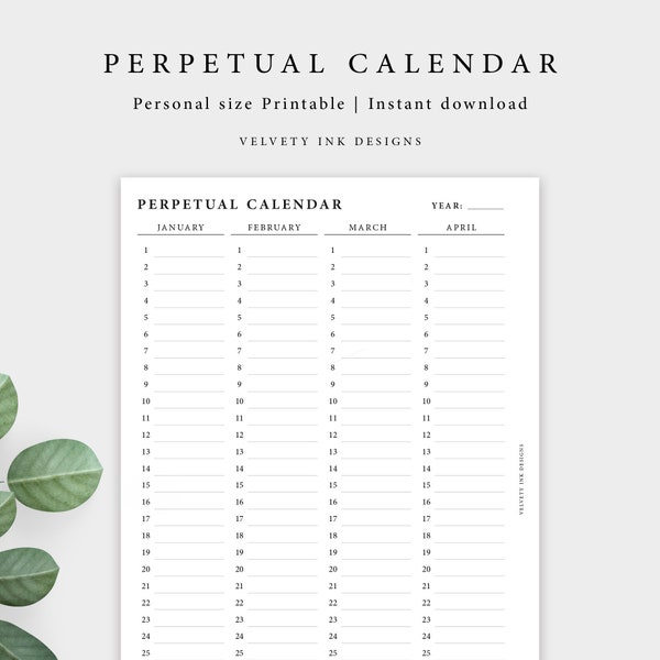 Perpetual calendar, Personal size printable, Yearly planner, Year organizer, Annual planner | Printable planner | Velvety Ink Printables