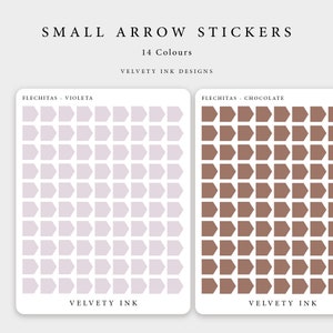 May include: Two sticker sheets with small arrow stickers. One sheet features light purple arrows, labeled "Flechitas - Violeta." The other sheet has brown arrows, labeled "Flechitas - Chocolate." The text "Small Arrow Stickers" and "14 Colours" are at the top.