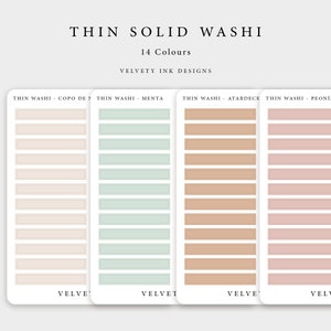 May include: Image of thin solid washi tape in various colors. The image shows four different color palettes: beige, mint green, tan, and pink. Each palette has a series of horizontal stripes. The text on the image reads "Thin Solid Washi" and "14 Colours."