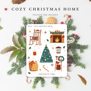 Cozy christmas sticker decoration, home style. Christmas sticker sheet planning decor journaling. Hygge stickers christmas style