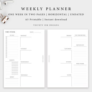 Weekly Planner, Week in two pages, Weekly plan, Horizontal style, A5 Printable | Printable planner | Printable Planner Insert