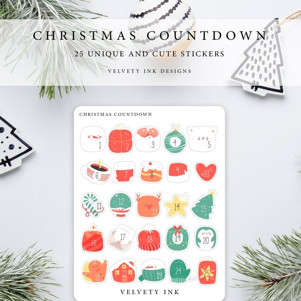 Christmas countdown sticker sheet, christmas advent calendar stickers planner, countdown to christmas, cute decorative journal stickers