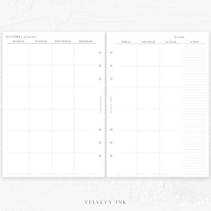 Puede incluir: Un planificador mensual en blanco con un dise&ntilde;o de cuadr&iacute;cula para cada d&iacute;a de la semana, incluido espacio para notas. El planificador es blanco con texto y l&iacute;neas grises. El texto "VELVETY INK" est&aacute; en la parte inferior.