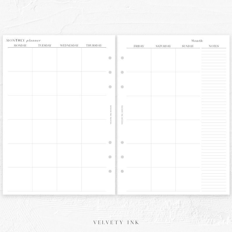 Puede incluir: Un planificador mensual en blanco con un dise&ntilde;o de cuadr&iacute;cula para cada d&iacute;a de la semana, incluido espacio para notas. El planificador es blanco con texto y l&iacute;neas grises. El texto "VELVETY INK" est&aacute; en la parte inferior.