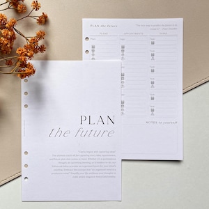 Può includere: Due pagine di pianificazione bianche con il testo "PLAN the future" e una citazione di Peter Drucker. Una pagina ha sezioni di pianificazione per piani, appuntamenti e compiti. L'altra pagina ha una citazione sulla cattura di idee.