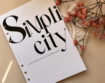 A5 Planner Dashboard, Simplicity Design, Minimal Divider. Decorative printed insert
