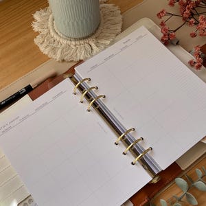 Puede incluir: Planificador abierto con p&aacute;ginas de calendario mensual. El planificador est&aacute; abierto a una vista mensual con l&iacute;neas de cuadr&iacute;cula para cada d&iacute;a. El planificador tiene anillos dorados y una cubierta de cuero marr&oacute;n claro. Un bol&iacute;grafo es visible.