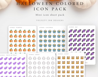May include: Halloween-themed sticker sheets featuring pumpkins, cauldrons, bats, candy, ghosts, and "Trick or Treat" text. The sheets are arranged with orange and white pumpkins in the background. The text "Halloween Colored Icon Pack" is displayed at the top.
