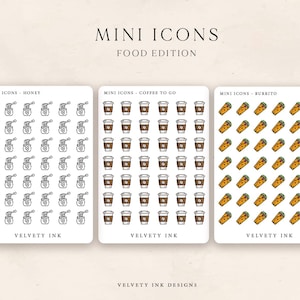 Mini icon food stickers. Transparent planner stickers. Foodie and drinks edition