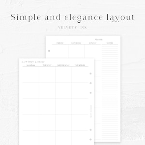 Puede incluir: Dos p&aacute;ginas de planificador blancas con un dise&ntilde;o sencillo. Una p&aacute;gina es un planificador mensual con los d&iacute;as de la semana. La otra p&aacute;gina tiene un dise&ntilde;o semanal con espacio para notas. El texto "Simple and elegance layout" y "VELVETY INK" est&aacute;n en la parte superior.