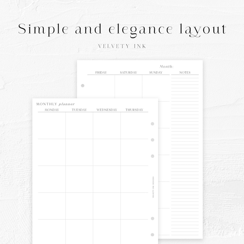 Puede incluir: Dos p&aacute;ginas de planificador blancas con un dise&ntilde;o sencillo. Una p&aacute;gina es un planificador mensual con los d&iacute;as de la semana. La otra p&aacute;gina tiene un dise&ntilde;o semanal con espacio para notas. El texto "Simple and elegance layout" y "VELVETY INK" est&aacute;n en la parte superior.