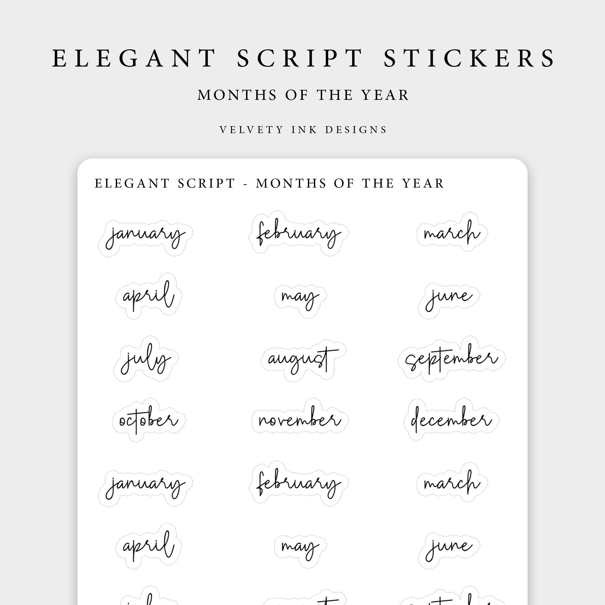 Script Minths Elegant Script Months Words | Transparent Stickers | Minimal and ...