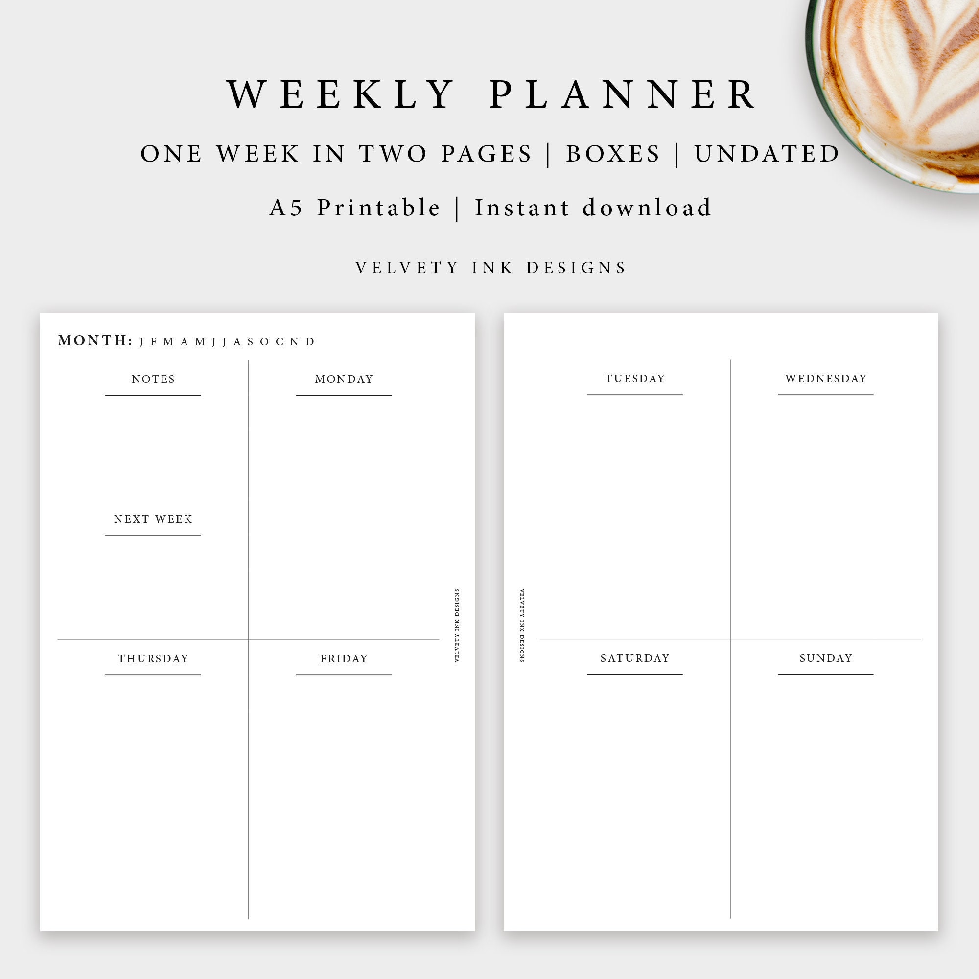 Weekly Planner Week in two pages Weekly plan Boxes style Etsy