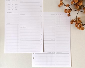 Puede incluir: Dos páginas blancas de planificador semanal con el texto "WEEKLY planner", "LUNES", "MARTES", "MIÉRCOLES", "JUEVES", "VIERNES", "SÁBADO", "DOMINGO", "IMPORTANTE", "TO DO", "NOTAS", "HABIT TRACKER" y "PRÓXIMA SEMANA". Las páginas tienen secciones con líneas.