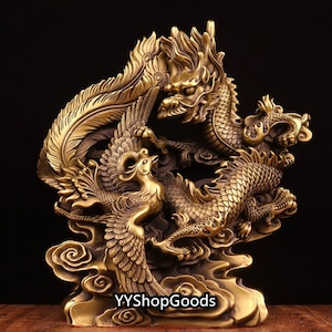 Chinese Antique Handcrafted Large Gilt Bronze Seiko Animal Dragon and Phoenix Chengxiang Statue Ornament
