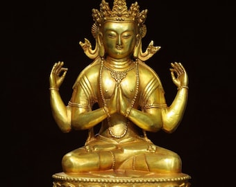 Exquisite and rare gilt copper four-armed Guanyin Buddha statue made by Chinese antiques