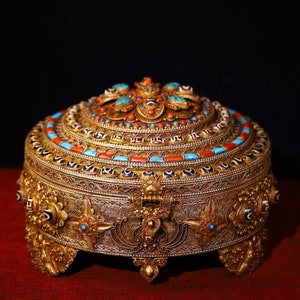 Chinese antique pure hand-made exquisite rare silver-plated filigree inlaid gemstone Tianzhu box ornaments