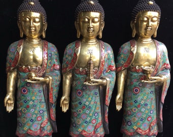 Chinese antique hand-made large exquisite and rare pure copper cloisonné cloisonné enamel Three Jewels Buddha statue ornaments