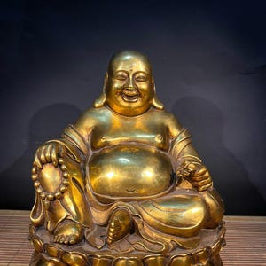 Ornamenti di statuetta del Buddha Maitreya, antichi ornamenti cinesi fatti a mano, rari e squisiti, in puro rame dorato.