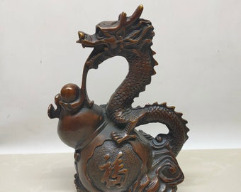 Exquisite and rare pure copper gourd dragon statue ornaments made by Chinese antiques