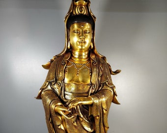 Chinese antique handmade large exquisite and rare pure copper gilt Guanyin Buddha statue ornaments