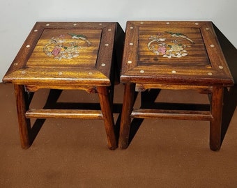 Chinese antique pure hand-carved exquisite rare rosewood inlaid shell double happiness bench ornaments