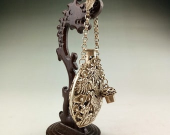 old tibetan silver hand carved hollow out fish lotus statue snuff bottle pendant