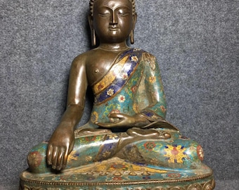 Exquisite handcrafted pure copper cloisonné Shakyamuni Buddha statue from Chinese antiques.