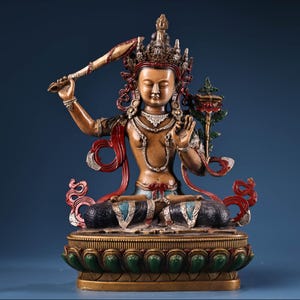 Chinese antique handmade exquisite pure copper high relief engraved painted Manjusri Bodhisattva Buddha statue ornaments