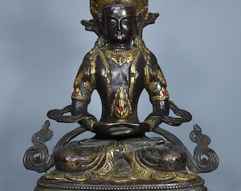 Exquisite, handcrafted solid copper figurine of the Longevity Buddha—an antique-style decorative piece.