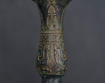 Chinese antique pure hand-made exquisite rare bronze inscribed flower vase statue ornaments