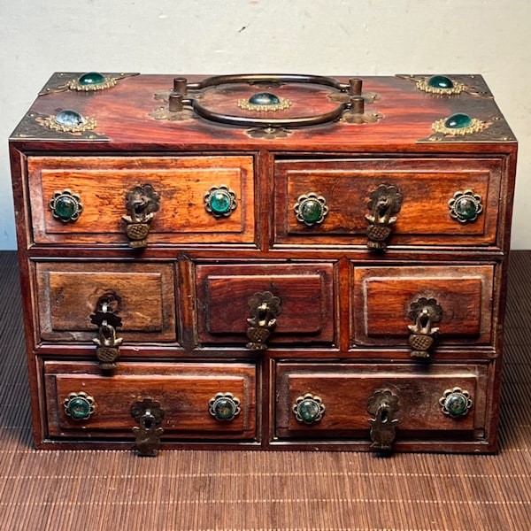 Exquisite rare rosewood inlaid gemstones hand-carved from Chinese antiques, seven draws medicine box, handle box, jewelry box, and ornaments