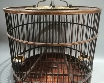 Chinese antique handmade exquisite and rare solid wood inlaid copper lid birdcage ornaments