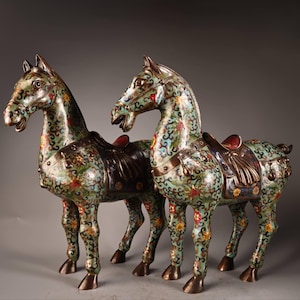 A pair of exquisite and rare Chinese antique handcrafted pure copper high relief engraved cloisonné enamel horse statues