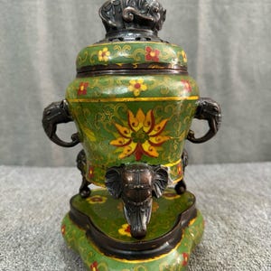 A rare and exquisite handcrafted Chinese antique copper cloisonné enamel three-tiered elephant incense burner