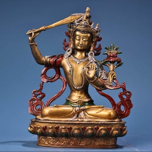 Chinese antique handmade exquisite pure copper high relief engraved painted Manjusri Bodhisattva Buddha statue ornaments