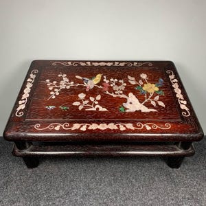 Chinese antique pure hand-carved exquisite rare rosewood inlaid shell bird stepping on flower branch tea table kang table ornaments