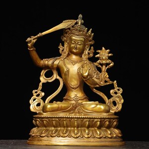 Chinese antique pure hand-made exquisite rare bronze gilt Manjusri Bodhisattva Buddha statue ornaments