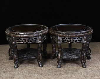 Chinese Antique Hand Carved Pair of Fine and Rare Rosewood Hollow Bamboo Round Bases