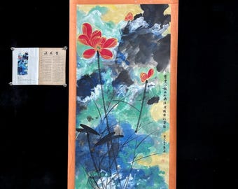 Chinesische Antiquitätensammlung Nr. TB02: Exquisites Lotusblumenbild mit Zeitschrift und Kalligrafie