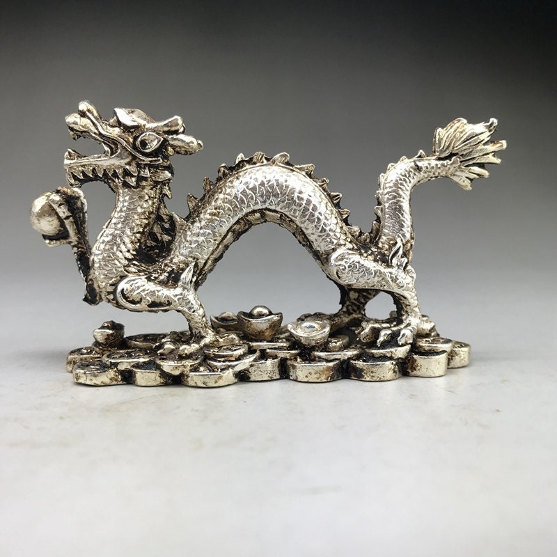 Chinese Antique Handmade Tibetan Silver Dragon Statue