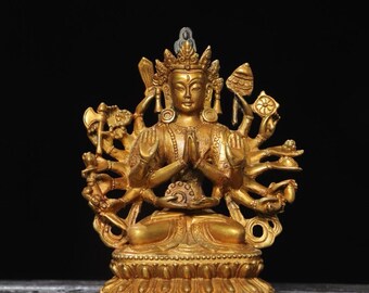 ♥小さな　観音像　銅製　鍍金　観音様　仏壇　仏具　骨董　古玩　中国 中国の手彫りの純銅ブロンズ千手観音像の小さな装飾品、ユニークで中古