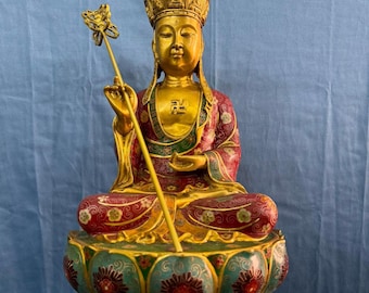 Gran estatua de Ksitigarbha Bodhisattva, elaborada a mano en cobre puro con técnica cloisonné, procedente de China.