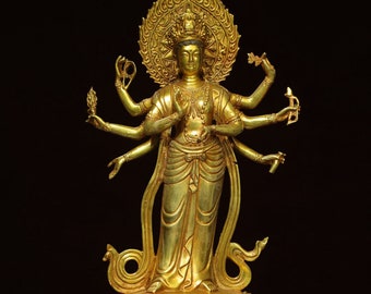 Exquisite and rare gilt bronze eight-armed Guanyin Buddha statue made by Chinese antiques