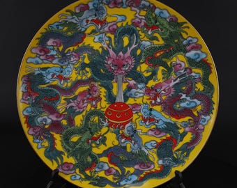 Exquisite Chinese antique famille rose nine dragons spitting pearls painting plate, purely handmade.